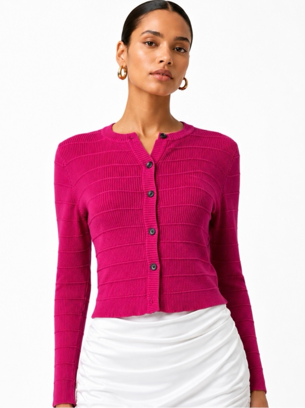 VAARA Cropped Fuchsia Ribbed Button-Front Sweater Size XS